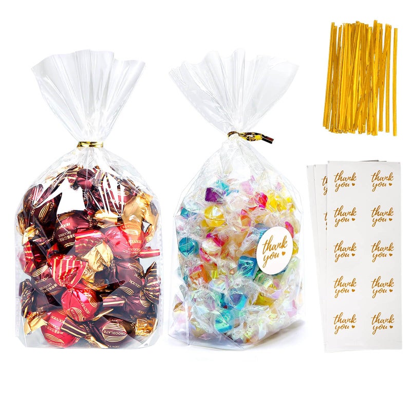 Cherodada Clear Cellophane Treat Bags with Ties 6x 9 100 pcs Bottom Gusset Bags for Gift Wrapping Party Favors Candies Cookies Chocolates Popcorn